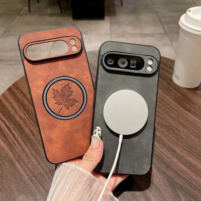 Leaf Pattern Leather Wireless Charge Magnetic Case For Google Pixel 9 Pro XL 8A 8 Pro 7A 7 Solid Color TPU Soft Shockproof Slim Matte Phone Cover