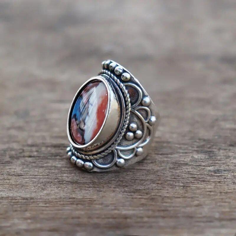 Vintage Wide Faced Artificial Stone Ring Women's Silver Türkiye Wedding Jewelry