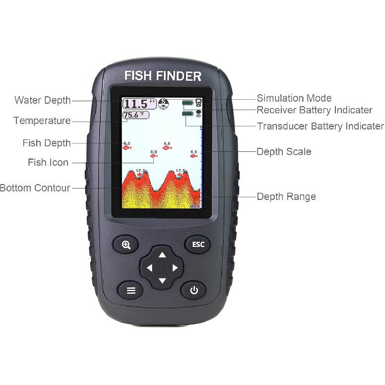 Tragbarer wiederaufladbarer Fischfinder Drahtloser Sonarsensor Fischfinder Tiefenlot mit Fischgröße, Bodenkontur, Farb-LCD-Display