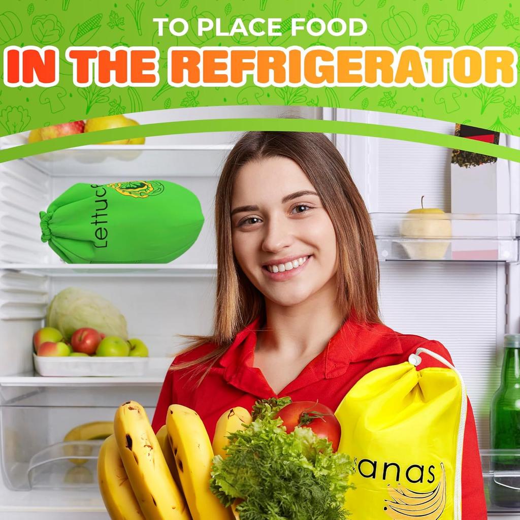 2Pcs Reusable Cotton Vegetable and Fruit Storage Bags Eco Friendly Drawstring Produce Fresh Keeping Pouches for Kitchen Refrigerator Freezer