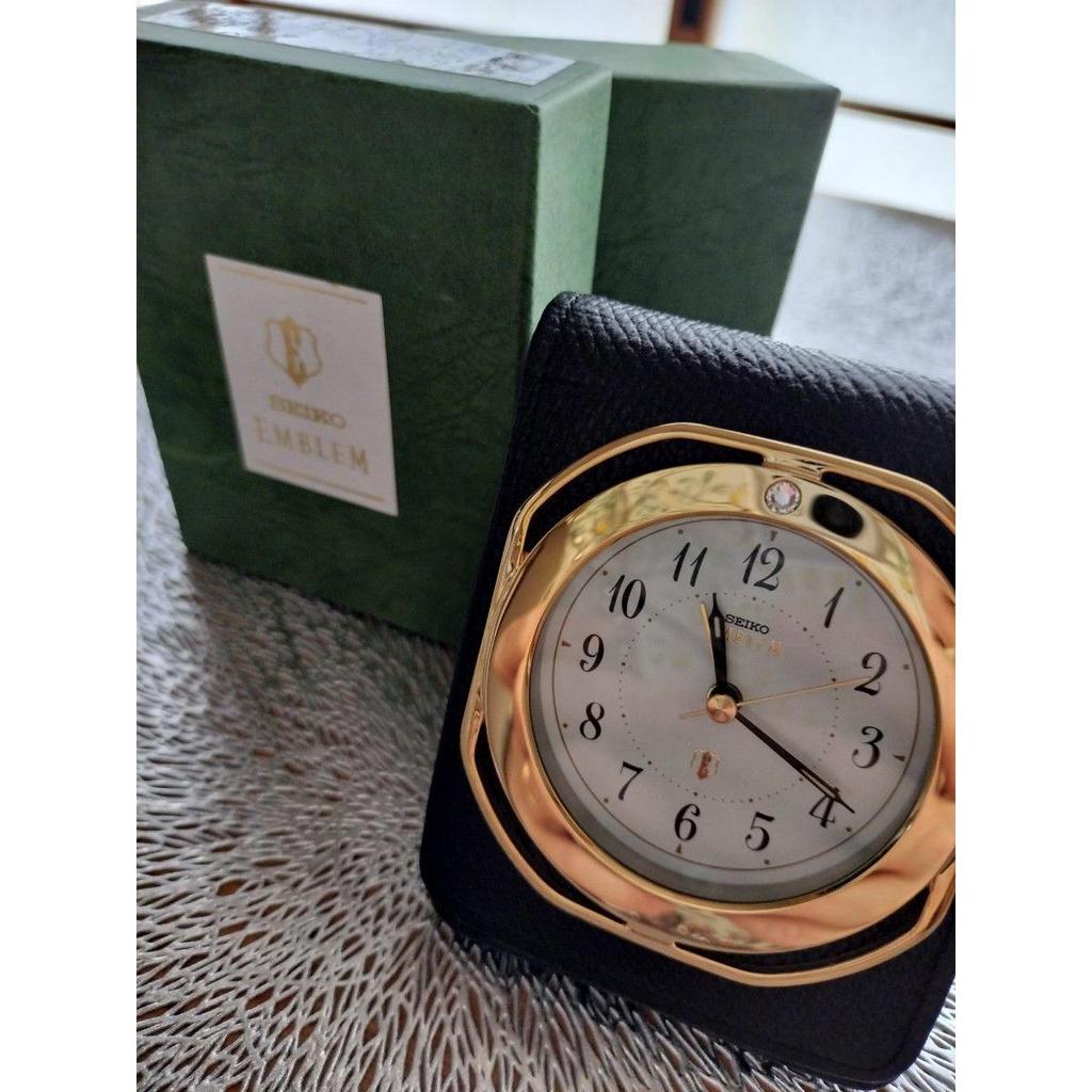 Used SEIKO Emblem AlaRM Travel Clock, Table Clock, Genuine Leather, Gold, With Beautiful Box, Operation ConfiRMed