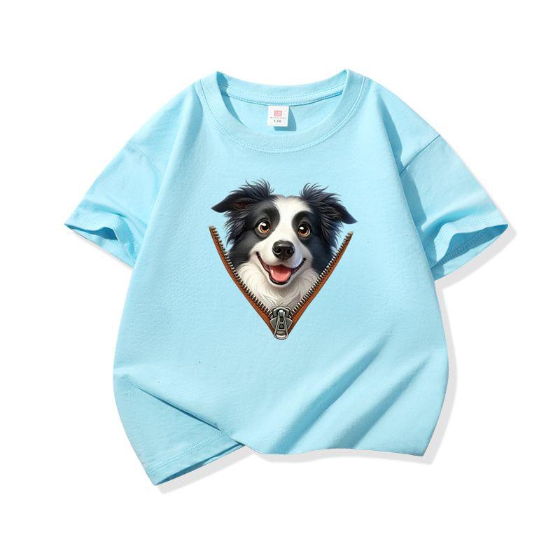 Kids Cotton T Shirt Adorable Collie Dog Zipper Print Crew Neck Short Sleeve Tee Casual Breathable Boys Girls Summer Tops