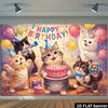 2D oil painting style cat birthday background  paired with five cute cats and pink cake elements