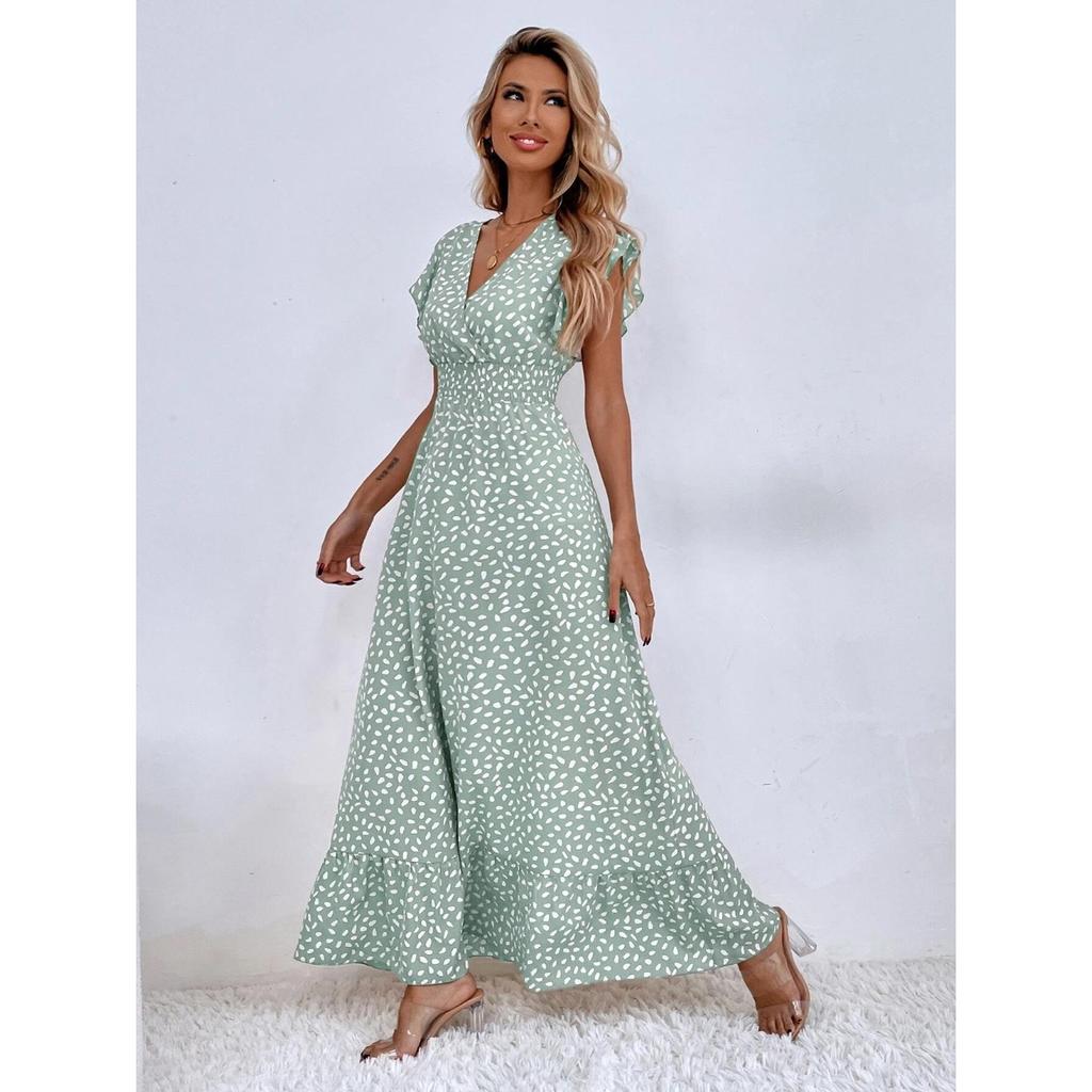 Spring and Summer V-neck Cinched Waist Long Dress, Ruffled High-waisted Dress for Women
