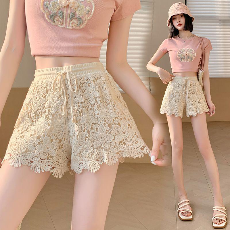 Women's Summer High-Waist Lace Sports Shorts - Casual, Loose, A-line, Wide-Leg, Three-Quarter Pants