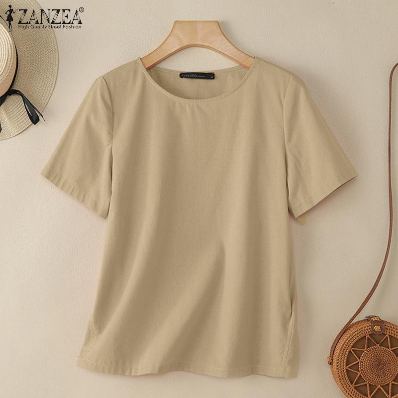 ZANZEA Women Casual Round Neck Loose Summer Short Sleeve Blouse