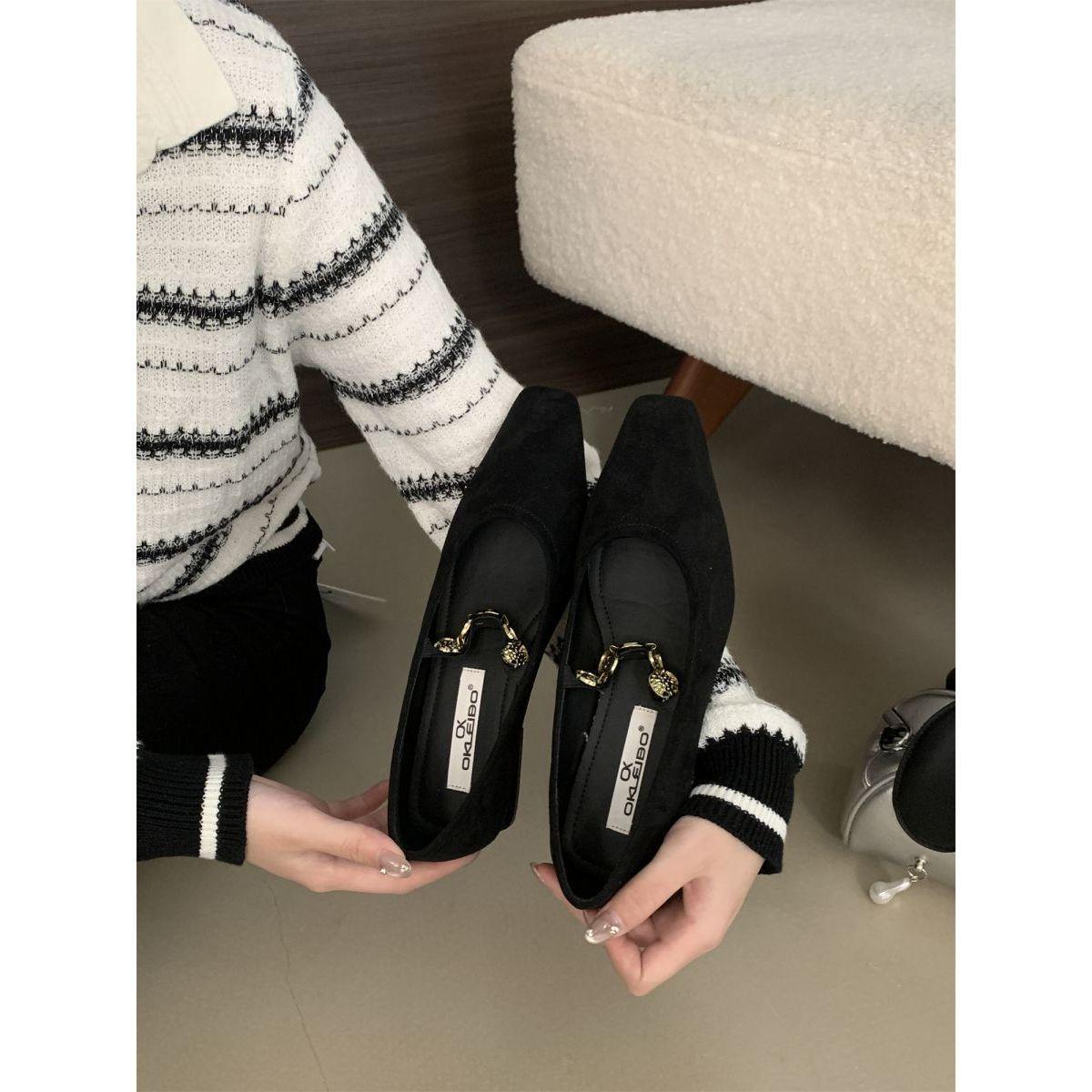 

French single shoes Korean temperament with small leather shoes women s metal chain square head shallow mouth high-end Mary Jane shoes 39 чорний