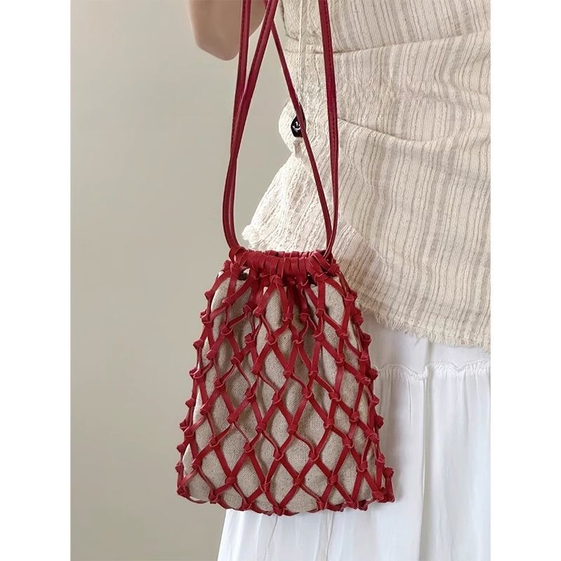 

Luoyiren Hand-Woven Mobile Phone Bag Women 2025 Summer New Genuine Leather Hollow Bucket Bag Shoulder Messenger Bag Cranberry Red