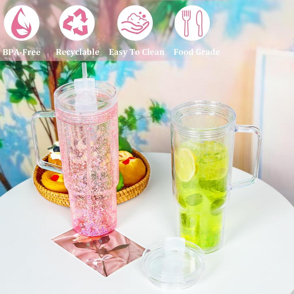 40 Oz Acrylic Snowglobe Tumbler with Handle, 4 Pack Pre-Drilled Double Wall Acrylic Clear Cup Tumbler for Glitter Snow Globe Diy