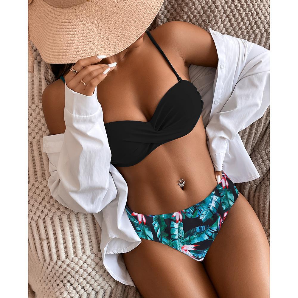 Swimsuit Women Hard Clad Steel Split Swimwear Halter Neck High Waist Sexy Leopard Bikini Sets