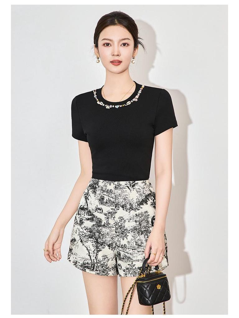 Beaded High-Elastic Fashionable Casual Women's T-Shirt Top