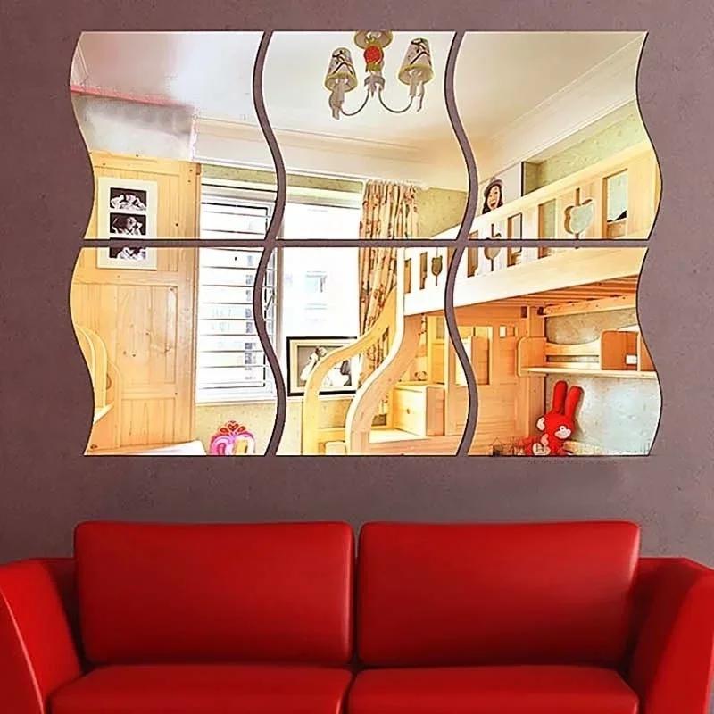 6PCS 3D Acrylic Mirror Surface Wall Sticker DIY Wave Mirror Design for Home Living Room TV Wall Art Decoration Removable
