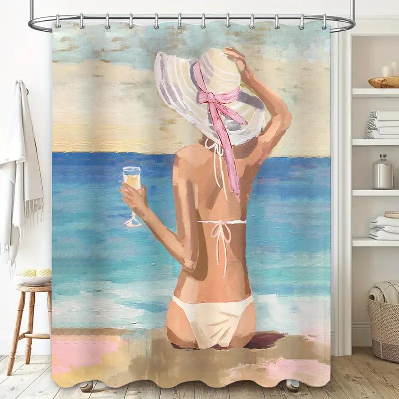 Elegant Beach Style Shower Curtain With Sun Hat And Cocktail For Relaxing Bath Experience - Waterproof And Durable Elevate Space