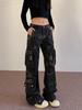 Women's Tie-Dye Distressed Cargo Pants - Versatile Straight-Leg with Slight Flare