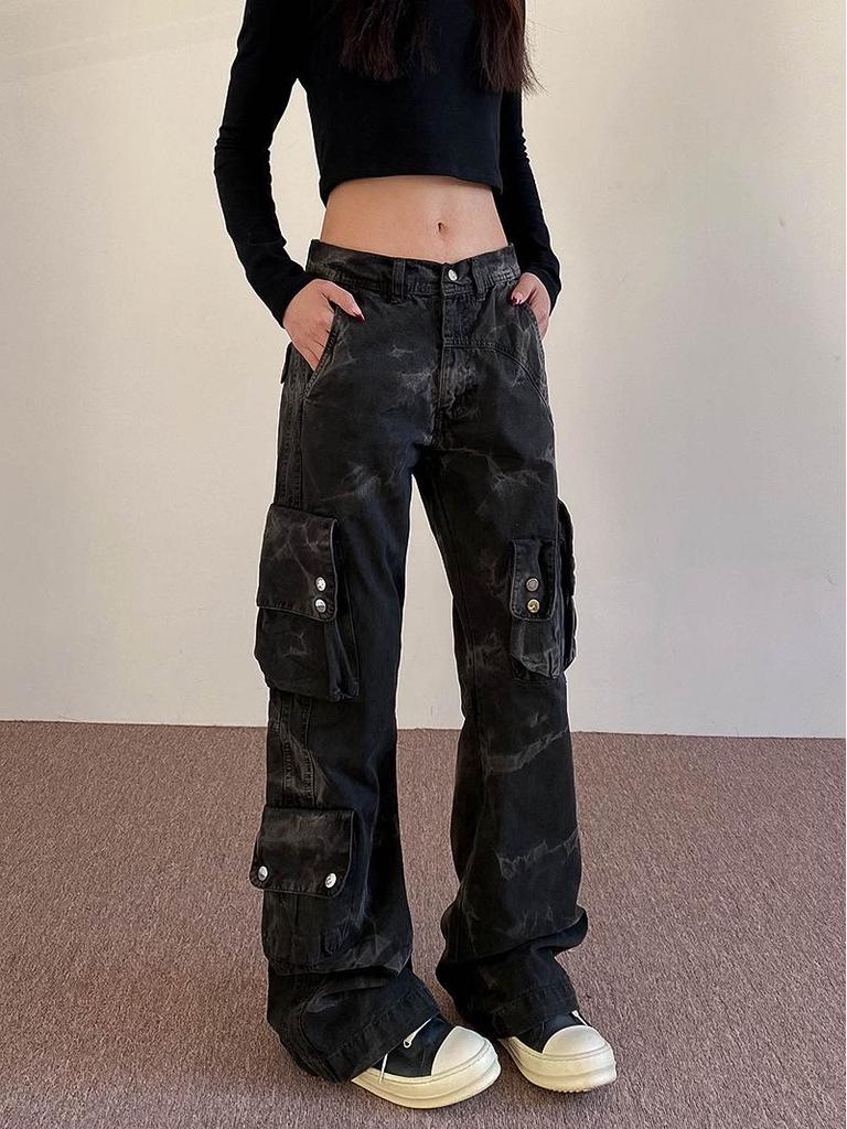 Women's Tie-Dye Distressed Cargo Pants - Versatile Straight-Leg with Slight Flare