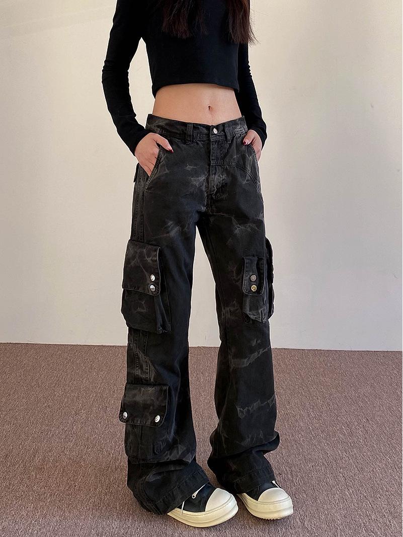 

Женские брюки карго с эффектом тай-дай и потертостями - Универсальные прямые брюки с небольшим клешем 2XL