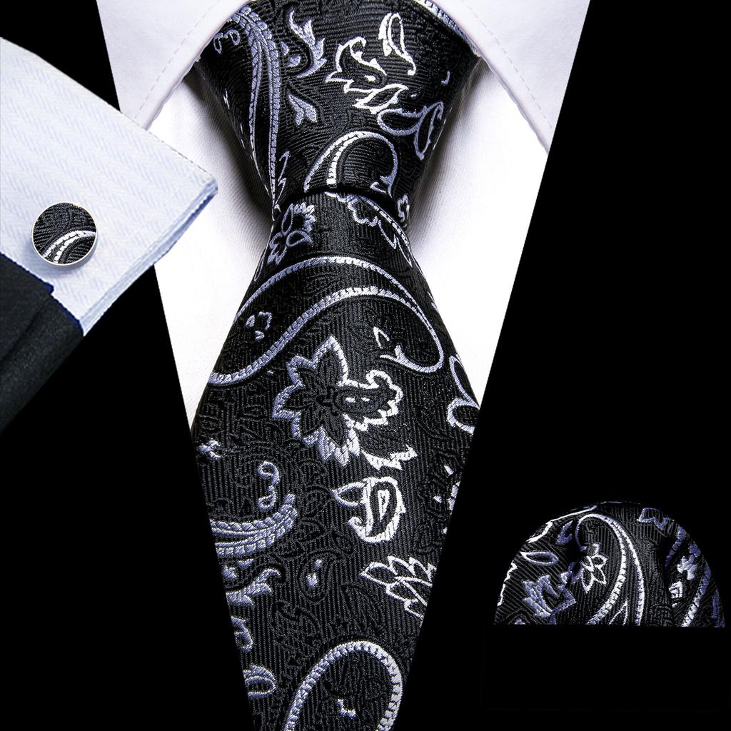 Barry.Wang Floral Ties for Men Woven Paisley Wedding Necktie Handkerchief Cufflinks Formal Casual Set