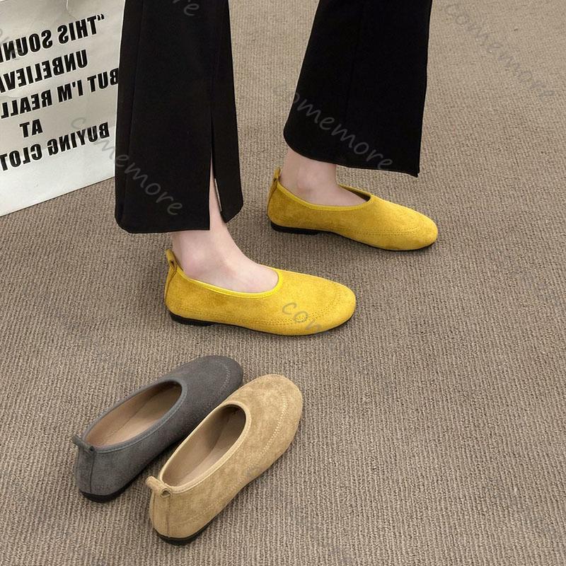Fashion Comemore Women Flats Casual Retro Round Head Loafers Shoes Women Solid Suede Slip On Ladies Single Shoes Soft-soled Mocasines
