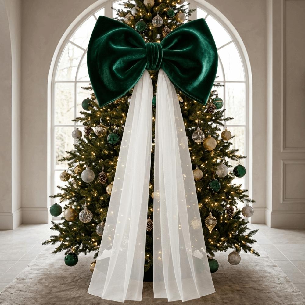 Mesh Tulle Large Velvet Christmas Bow Ornaments Tree Bow with Long Tails Wedding