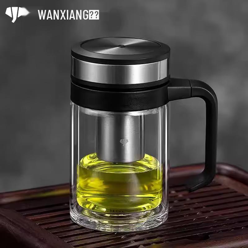 WANXIANG Double Wall Glass Tea Mug with Handle and Lid