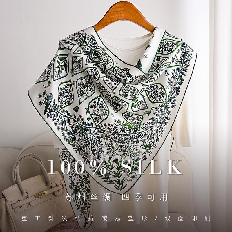 New silk silk scarf, lush foliage, silk twill triangle scarf, fashion light luxury temperament 111 mulberry silk scarf