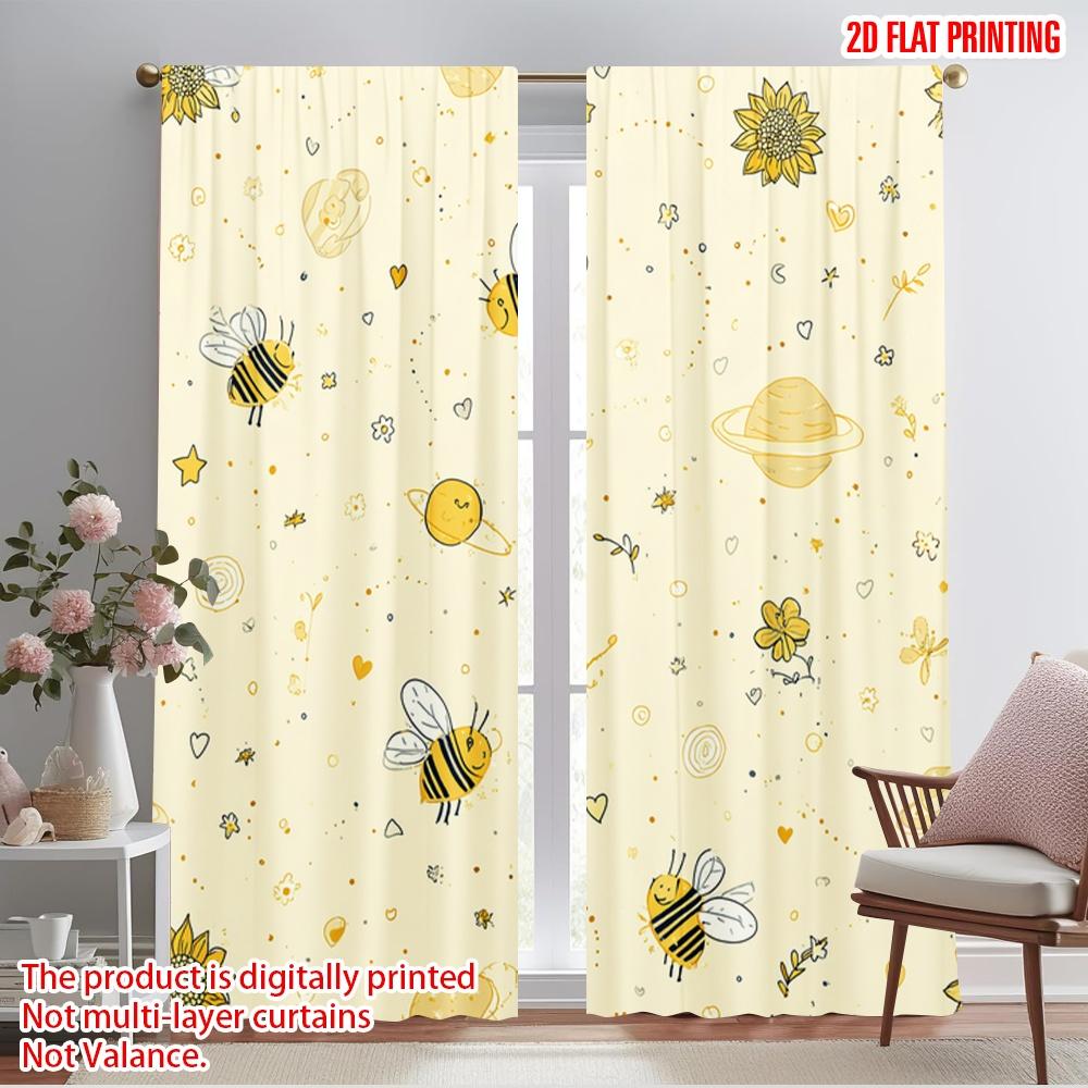 2pcs 2D Flat Printing Curtains Cute Bee Flower Stars Polyester Without Electricity Party Decorations Use for Indoor Celebrations