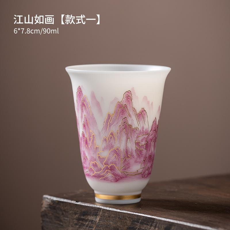 Vegetarian-fired suet jade porcelain picturesque teacup ceramics personal special tea drinking cup single cup tea cup master cup