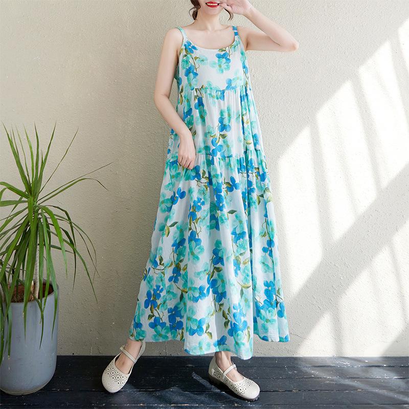 

2025 Summer Cotton Linen Patchwork Long Dress - Printed Sling, Loose Fit, Slimming Effect, Large Hem Cake Design One Size