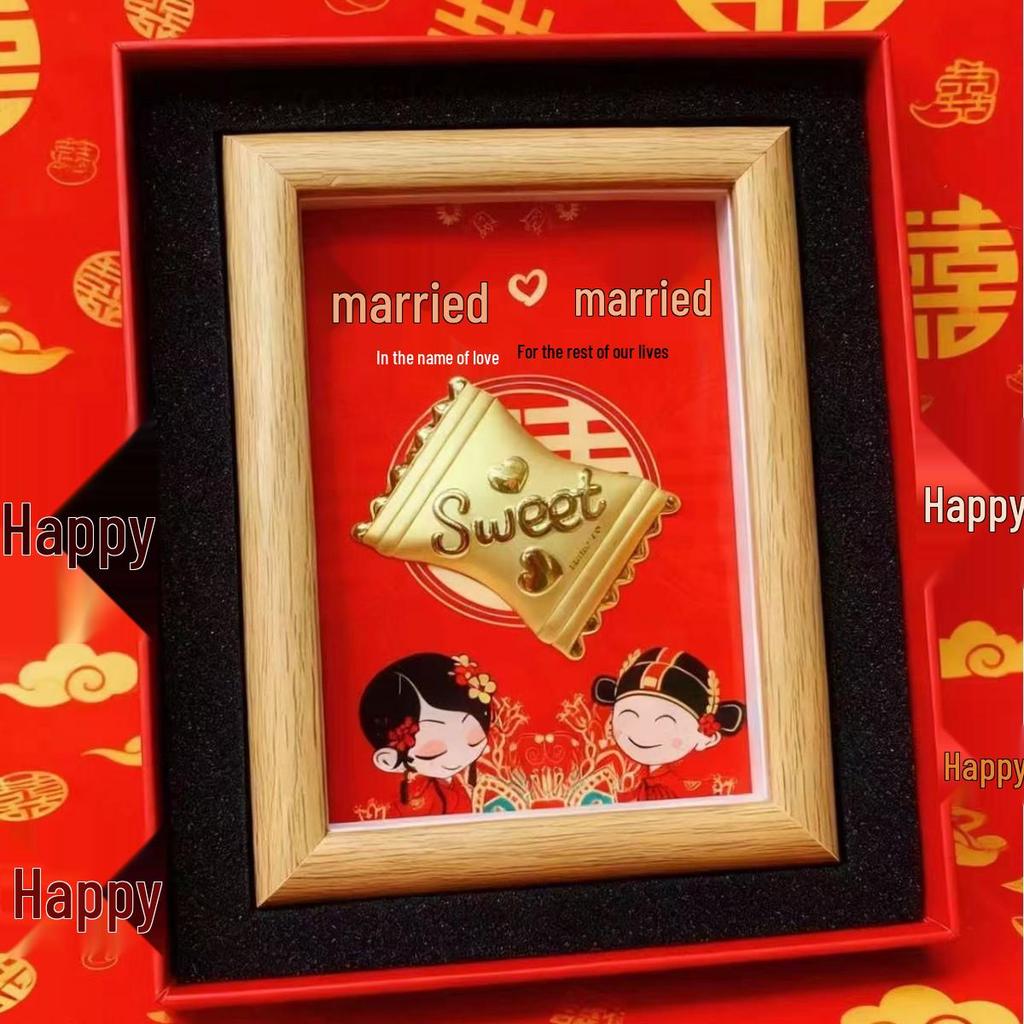 Shuibei 999 Pure Gold Money Ornament Pair - Wedding Candy & Photo Frame Gift Set for Friends
