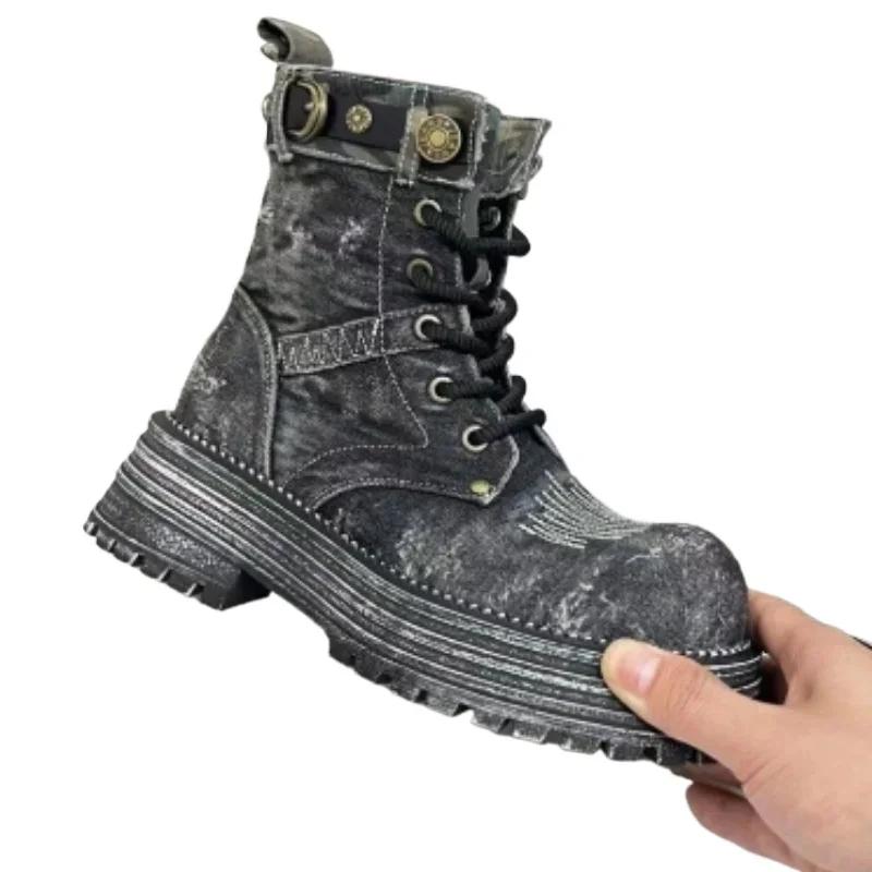 Fashion Ladies Shoes Fashion Lace Up Women's Boots Autumn British Style Round Toe Denim Short Barrel Platform Chunky Heels Naked Boots