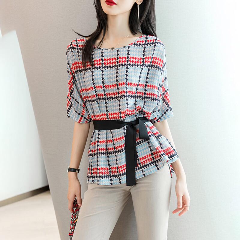 

Женская шифоновая блузка Srcr с принтом гусиная лапка и завязками спереди L