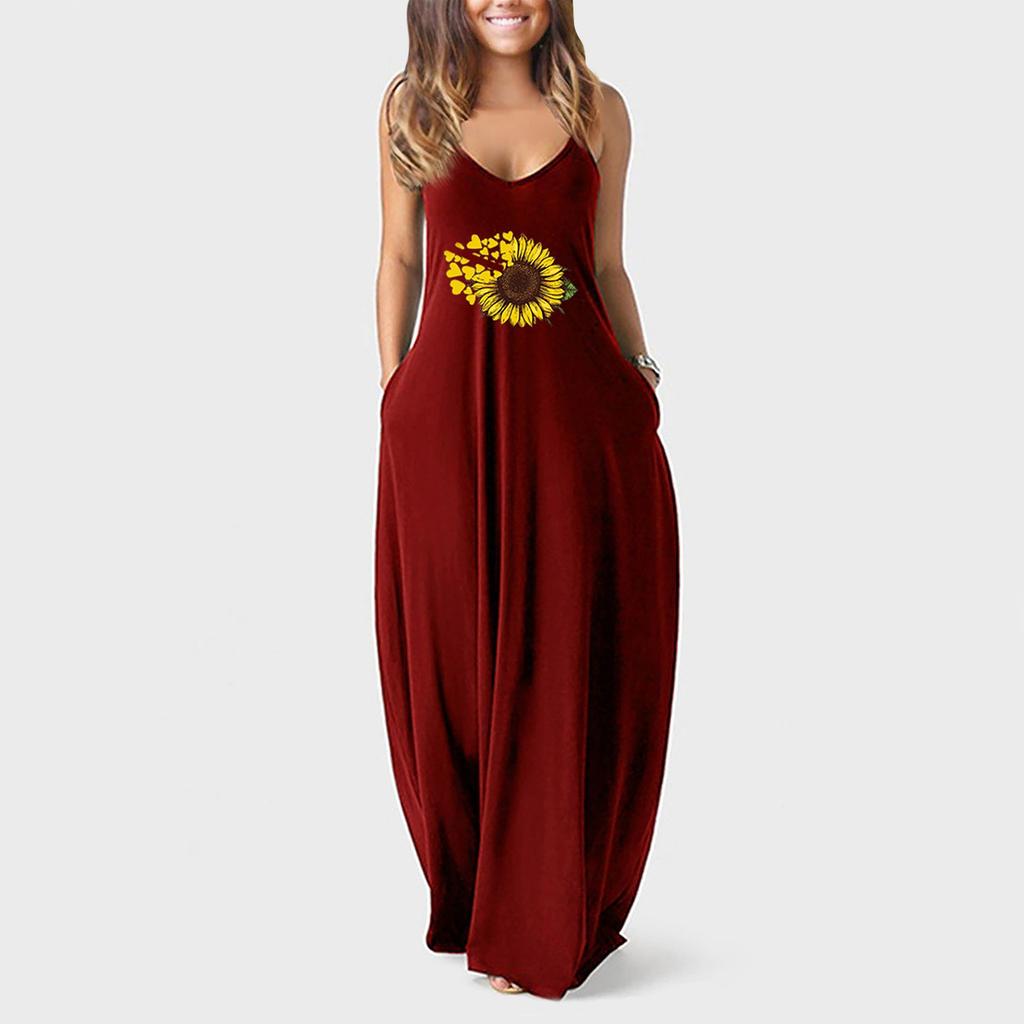 Damen Übergröße Sonnenblumen-Print Sexy Tiefer V-Ausschnitt Träger Langrock Freizeitkleid
