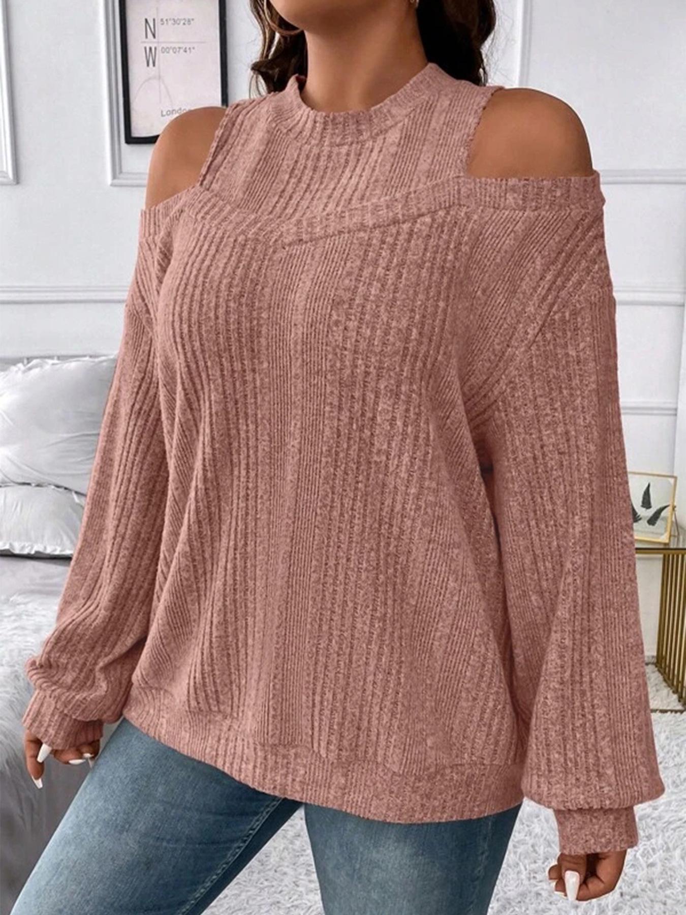 

2024 European & American Women’s Off-Shoulder Loose Knit Long Sleeve T-shirt - Casual Solid Color Fashion for Spring & Autumn Small розовый