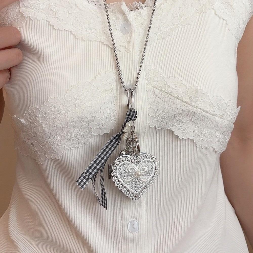 Bowknot Heart Pendant Necklace Long Chain Sweater Chain Sweet Heart-shaped Mirror Necklace  Jewelry