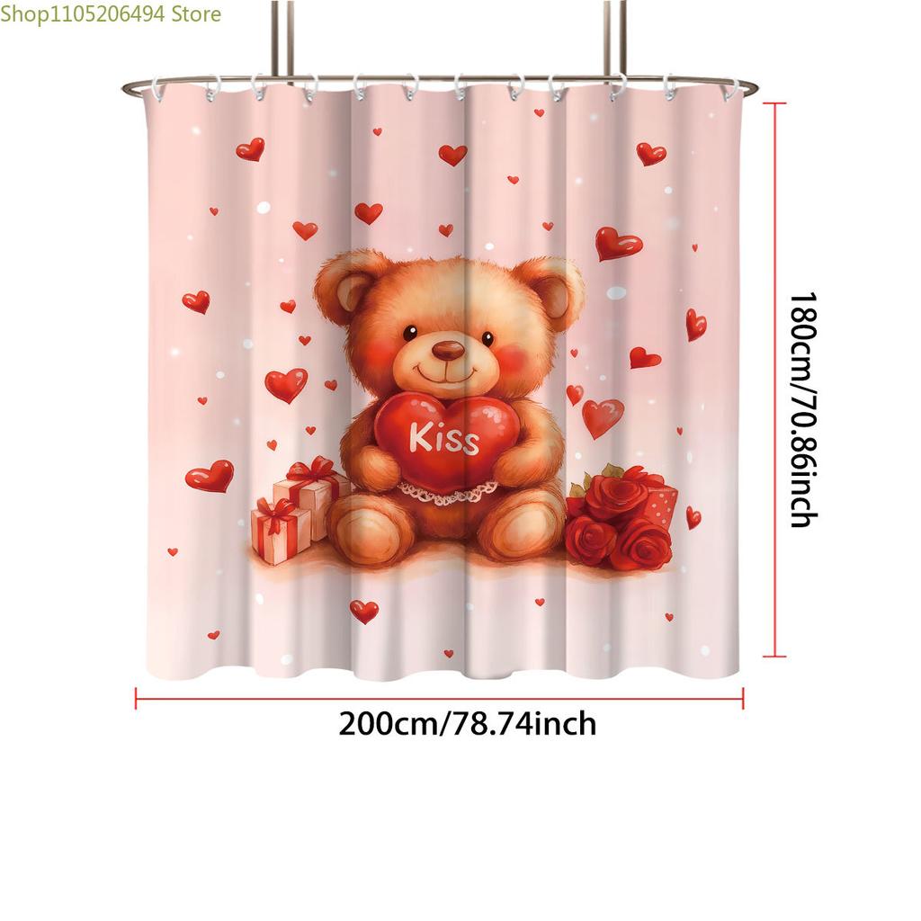 1pc Valentine's Day Happy Romantic Bear Print Waterproof Shower Curtain Partition Privacy Hanging Curtain 12 Hooks Multiple Si