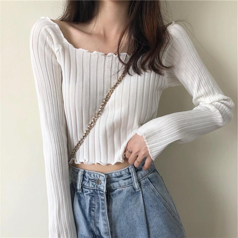 Autumn New Slim Fit Slimming One Shoulder T-shirt for Women Short Knit Sweater, Long Sleeved Top Sweaters