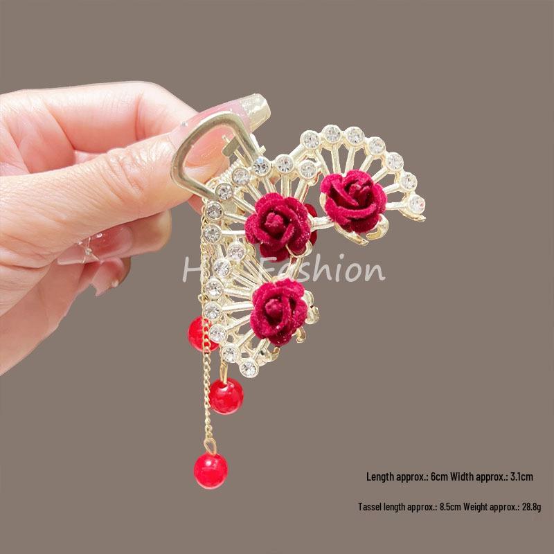 Püsküllü Beyaz Lotus İnci Yüksek At Kuyruğu Saç Tokası, Kadınlar İçin Yarı Bağlı Saç Sabitleme için Başın Arkasına Takılan Toka.