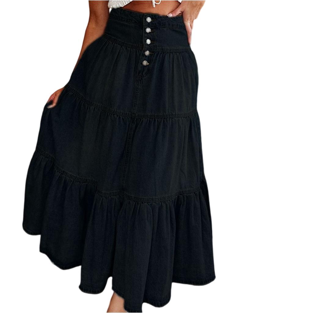 Dámská módní retro džínová sukně s vysokým pasem a knoflíky