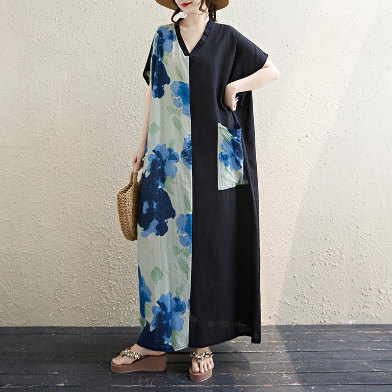DIMANAF 2025 Summer Plus Size Dress Basic Women Loose Long Vintage New Oversized Floral Dress Maxi