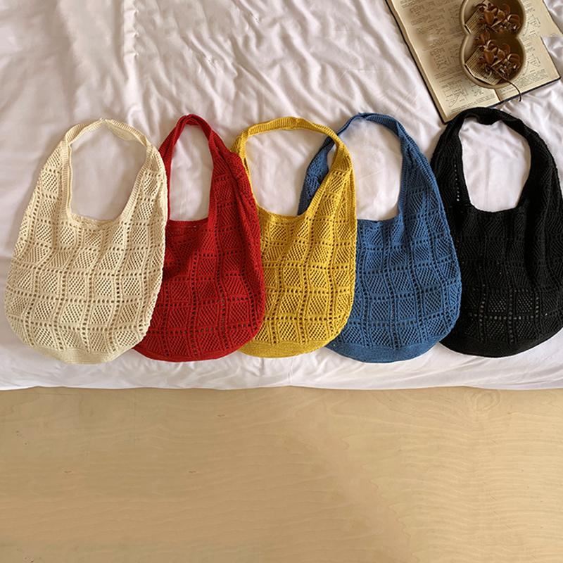 Yogodlns Retro Knitted Net Bag Shoulder Tote Beach Holiday Women's Bag Weaving Art Style Casual Minimalist Polyester Handbags