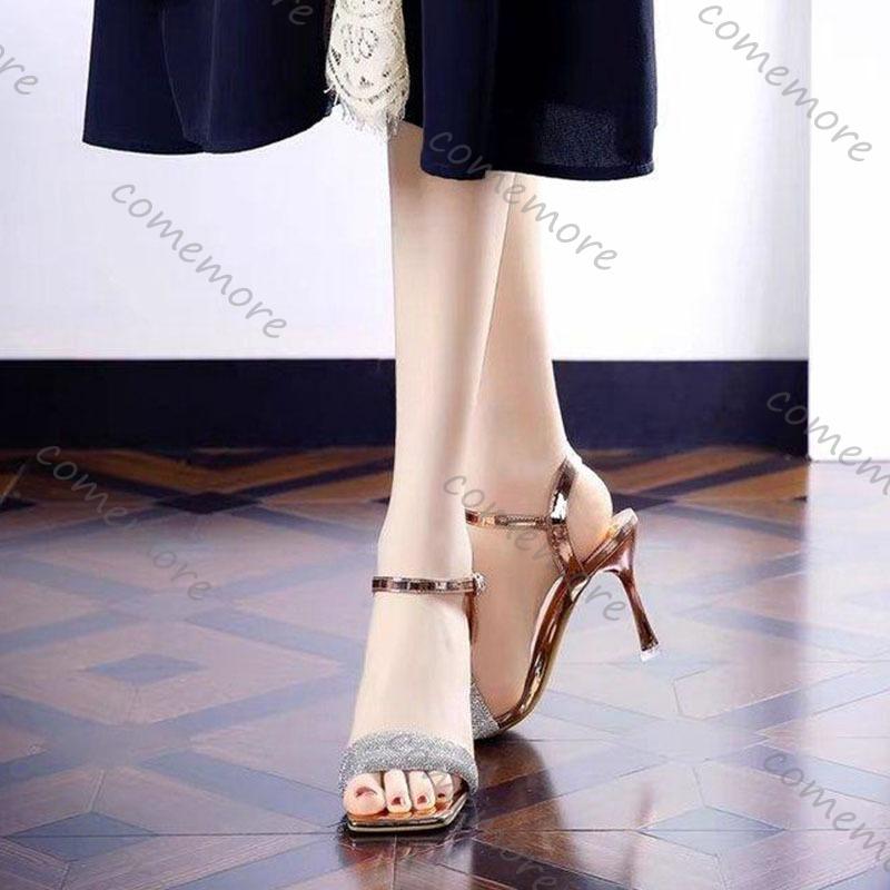 Fashion Comemore Silver Rhinestone Open-toe High-heeled Sandals for Women Sexy Thin Heel Ladies Summer New Square Toe Sandales Femmes
