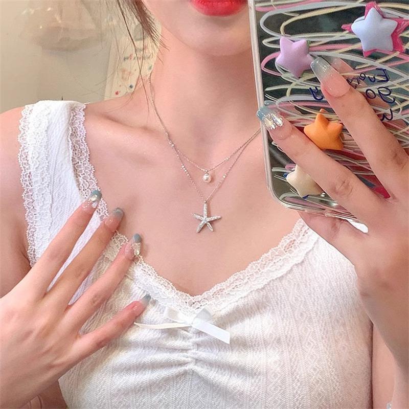 

Изысканное двухслойное ожерелье в виде морской звезды, модное серебряное сплавное блестящее колье-чокер, кулон, женское ювелирное изделие, подарок белый