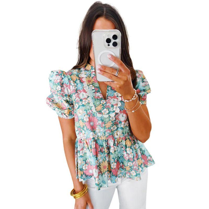 

2025 Summer New Arrival Retro Easy Matching Puff Sleeves Chiffon Shirt Women Fashion Fashion Florals Printed Short-Sleeved Top Women Color S code fits (45.00 kg-55.00 kg