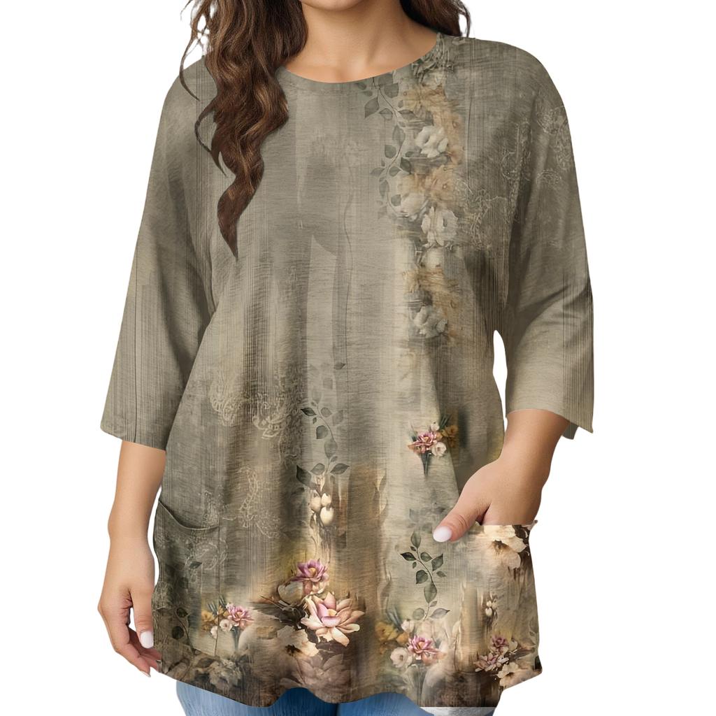 Modeblus för damer, större storlekar, med tryck, kortärmad, för elegant pendling och fritid