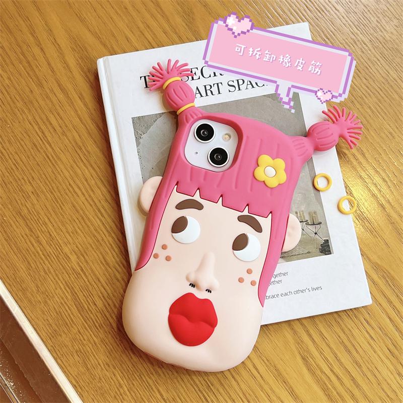 Cartoon 3D Red Lip Ugly Girl Silicone Phone Case for iPhone 14 Pro Max 11 12 13 Pro Max Super Cute Braid Protection Cove