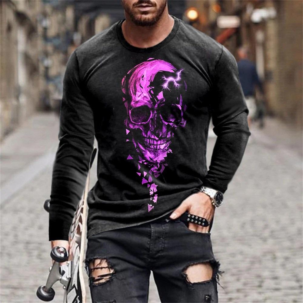 O-Neck Long Sleeve Plus Size T-shirt Men's Clothing Retro Men's Long Sleeve T-shirt 3D Printing Skull Long T-shirt Men's Street