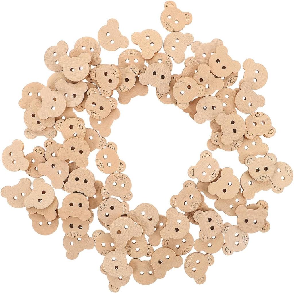 100pcs Wooden Bear Buttons Animal Shaped Unfinished Wood Decorative Buttons Sewing Supplies for DIY Sewing Crafting Scrapbooking