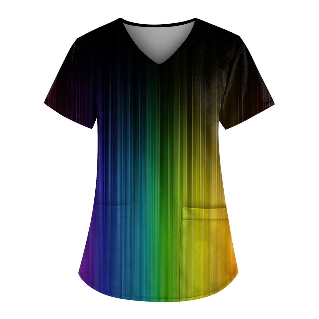 Plus Size Cute Printed Scrub Working Uniform Tops For Women  V-Neck Short Sleeve Fun T-Shirts Workwear Tee With Pockets