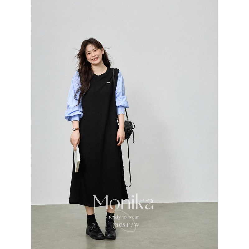 

Monica Plus-Size Women s Korean-Style Striped Long-Sleeve Patchwork Dress, Loose Fit, Tummy-Concealing, Slimming, Elegant Long Dress Black XL