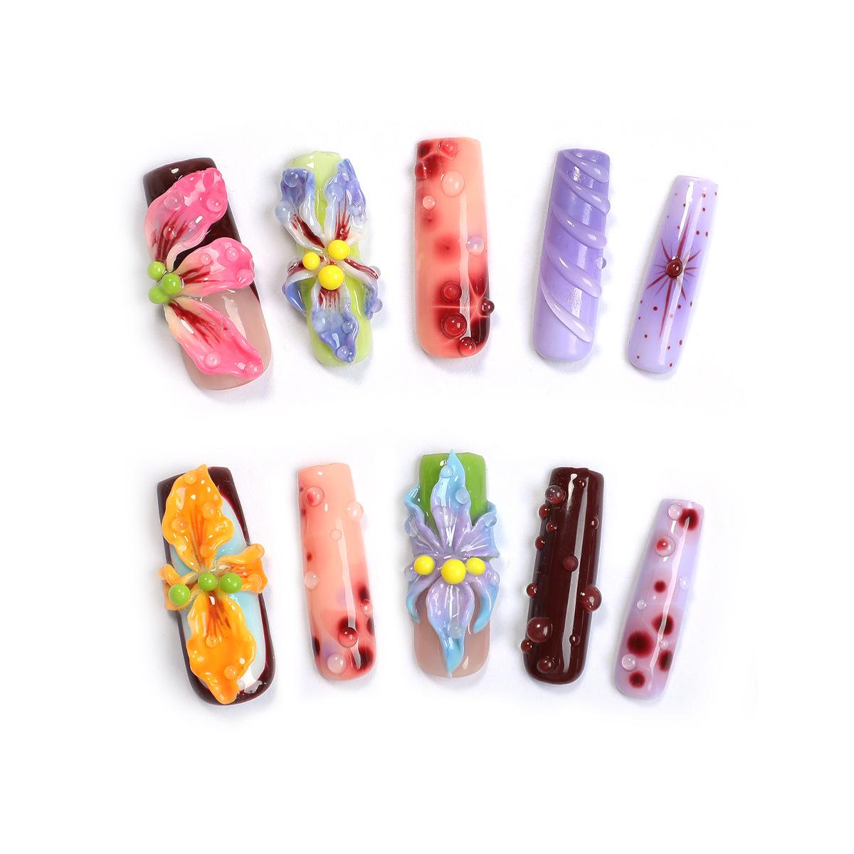 

3D Stereo Flower Handmade Press-On Nails with Dopamine Water Drop Texture - Exquisite Purely Handmade Design. Large